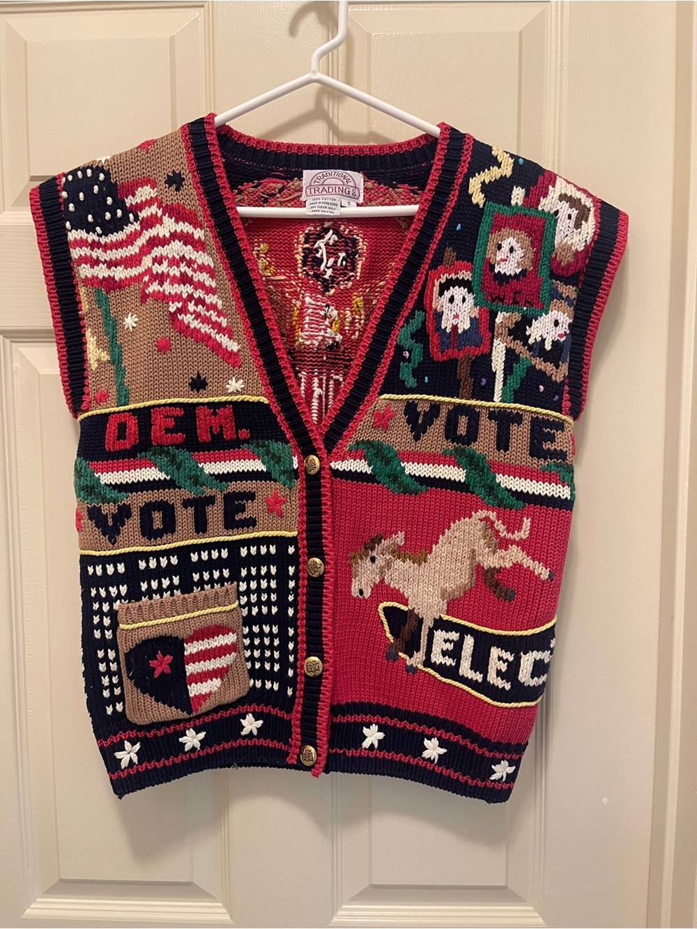 Hand knit sweater vest for election year.